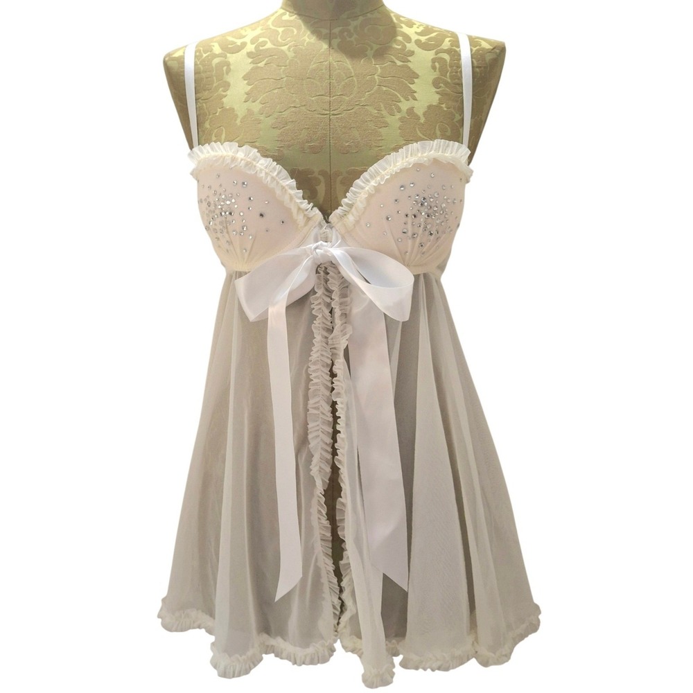 Y2K Victoria's Secret Sexy Little Things White Mesh Babydoll 34B Fairycore Vtg